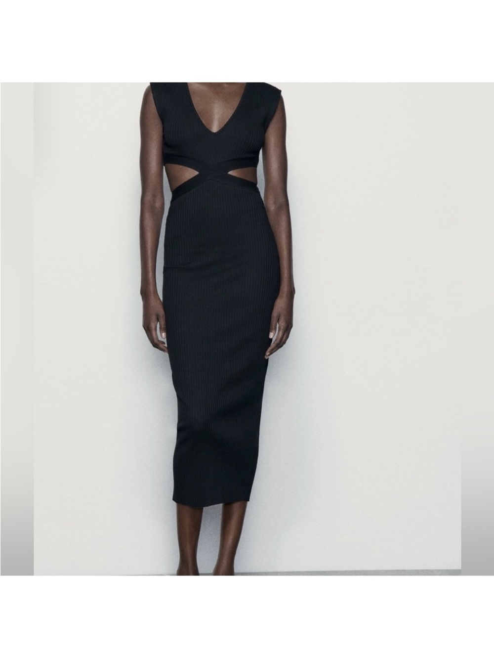 Zara Black Ribbed Cutout Midi Dress